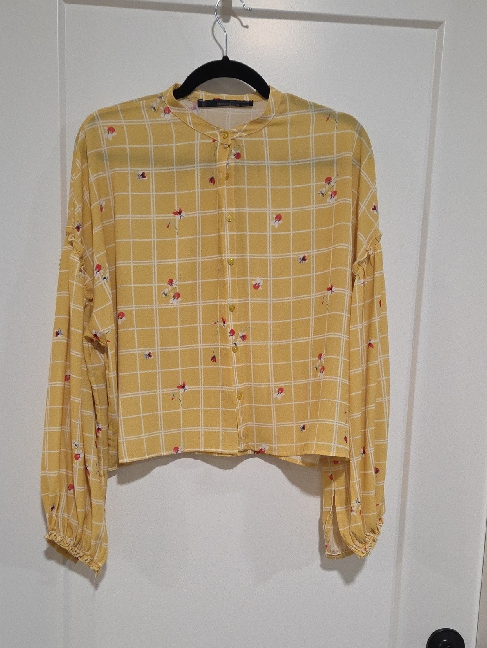 Yellow Checked Floral Button-Front Women's Top